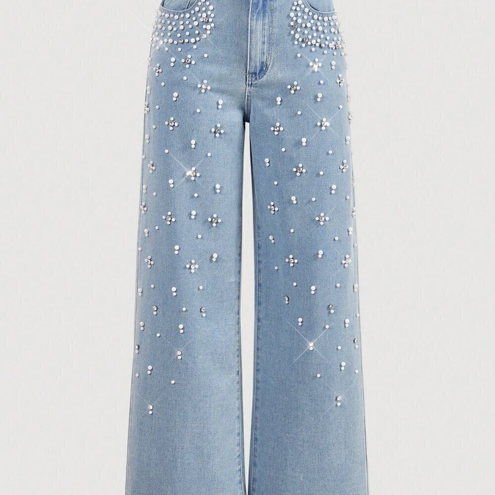 Blue Casual Women's Front Button Pocket Faux Pearl Decor Denim Jeans
